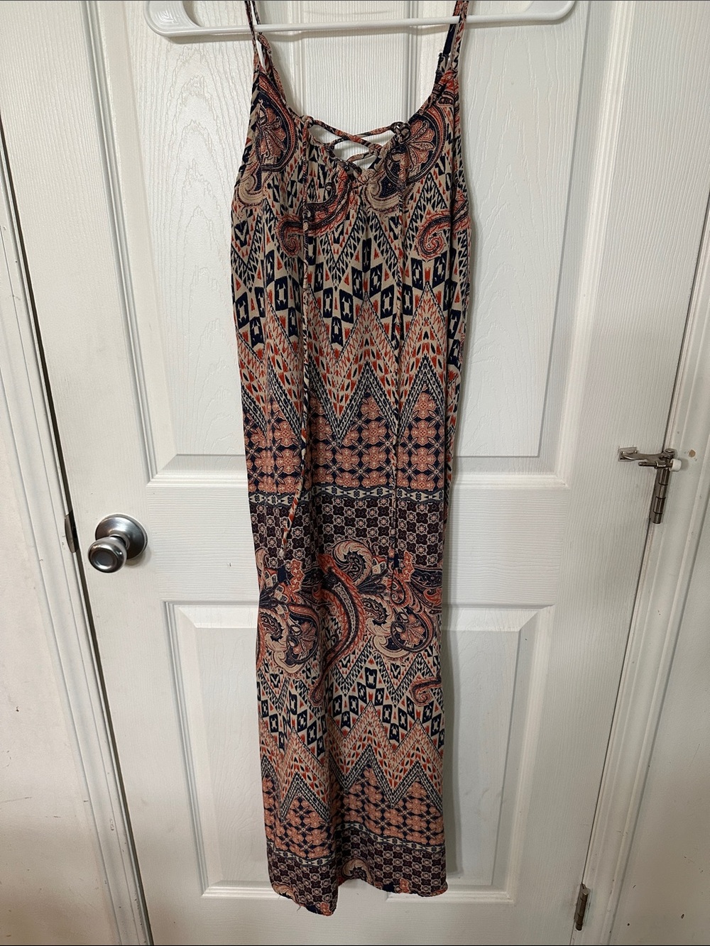 Espresso Rust and Navy Paisley-Geometric Spaghetti-Strap Maxi Dress
